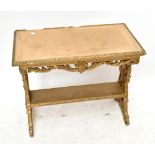 A decorative gilt wood side table with blind fret detail and pierced side panels, height 50cm,