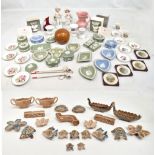 Mixed ceramics including Wedgwood Jasper ware, a pair of Continental figurines, clay pipes, assorted