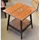 JAS SHOOLBRED; an Arts & Crafts inlaid mahogany side table, the under tier with pierced gallery,