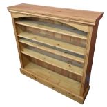 A contemporary pine open bookcase with adjustable shelves, height 122cm, width 123cm.