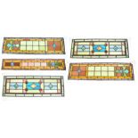 Five leaded stained glass rectangular panels, the three larger approx 115 x 32cm (af) (5).Additional