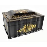 A 19th century lacquered papier mache jewellery box with gilt and inlaid mother of pearl foliate