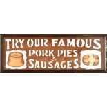 An original pictorial advertising butcher's shop display sign, with cutout text 'Try Our Famous Pork