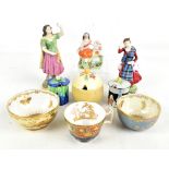 A group of decorative ceramics including a Crown Devon lustrine bowl, two Carlton Ware preserve