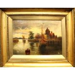 CONTINENTAL SCHOOL; a 19th century oil on canvas of a harbour with moored boat and barns beyond,