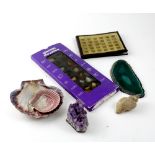 A quantity of fossils, geological specimens, geodes, carved hardstone miniature eggs, etc.