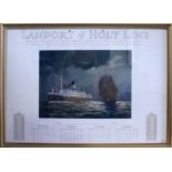 Three prints depicting a Lamport & Holt Line 1914 calendar with images of liners to centre,