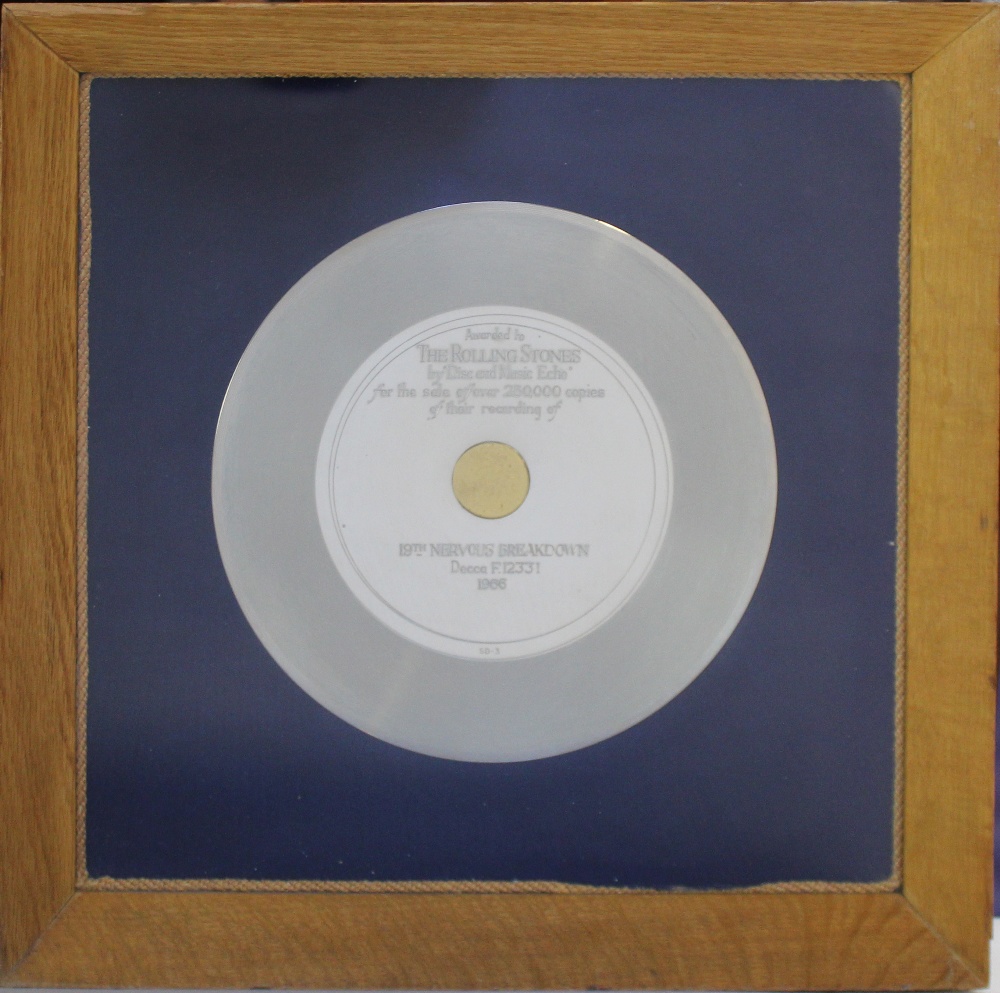 The Rolling Stones; '19th Nervous Breakdown', a rare presentation silver disc,