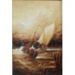 F SANCHIS; an oil on board, crashing waves with sailing boats in sepia colour tone,