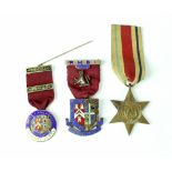 A WWII Africa Star Medal and two enamelled Masonic medals, one a 'West Lancashire Charity' jewel,