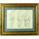 After Degas; a monoprint depicting three horses, possibly titled 'Horsing Around' or 'Races',