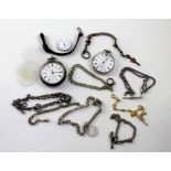 Two hallmarked silver key wind pocket watches and a quantity of watch chains, keys, glasses etc.