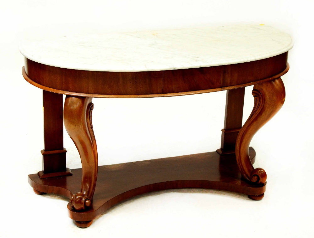 A 19th century mahogany bow-front console table with white marble top and small drawer,