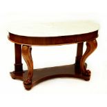 A 19th century mahogany bow-front console table with white marble top and small drawer,