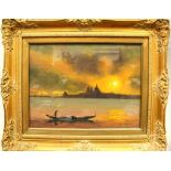 P JOHNSON; oil on board, 'Sunset Over Salute', Venetian sunset with gondola in the foreground,