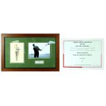 A Seve Ballesteros signed portrait print mounted with an action shot photo,