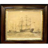 A 19th century etching of a three-masted battle ship engaging with another ship,