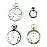 Three silver pocket watches, all open face and a smaller example, all for spares or repair (4).