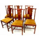 Six 19th century mahogany splat-back dining chairs with drop-in seats upholstered in mustard velour,