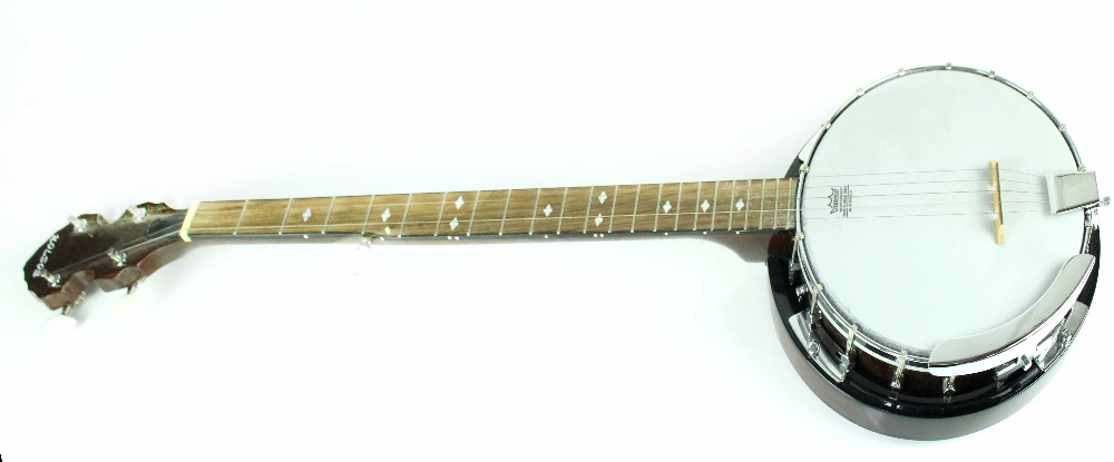 A Boston mahogany-backed five-string banjo with mother of pearl tuning winders and inlaid detail to