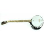 A Boston mahogany-backed five-string banjo with mother of pearl tuning winders and inlaid detail to