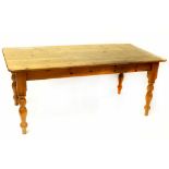 A modern pine rectangular farmhouse-style kitchen table, raised on turned supports, length 184cm.