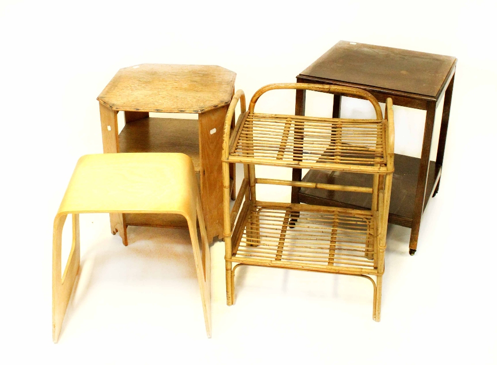 An oak square-topped trolley on castors, a bamboo side table,