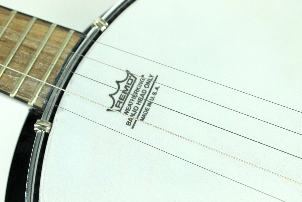 A Boston mahogany-backed five-string banjo with mother of pearl tuning winders and inlaid detail to - Image 2 of 2