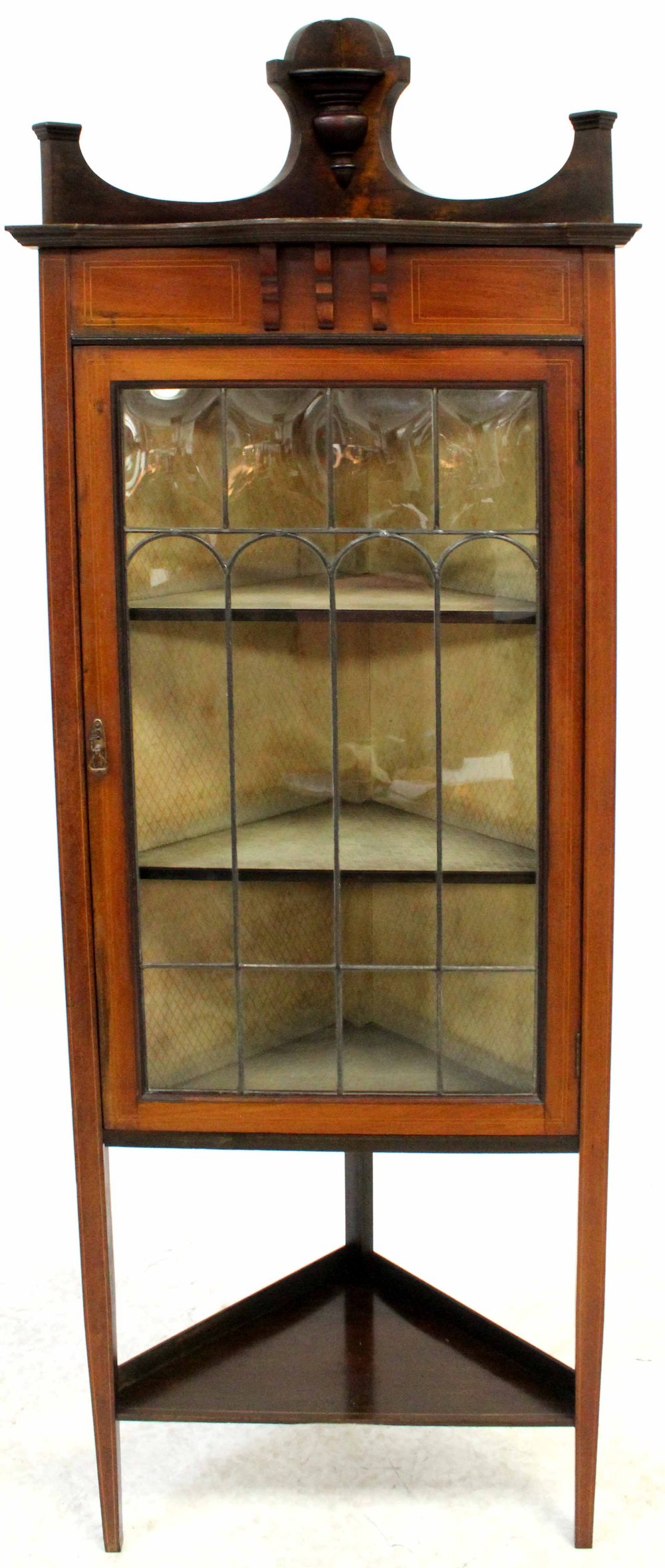 An Edwardian mahogany and line inlaid flat-fronted freestanding corner cupboard with open top shelf