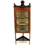 An Edwardian mahogany and line inlaid flat-fronted freestanding corner cupboard with open top shelf