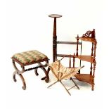 A small mixed lot comprising a Victorian rosewood veneered X-frame stool with turned stretcher,