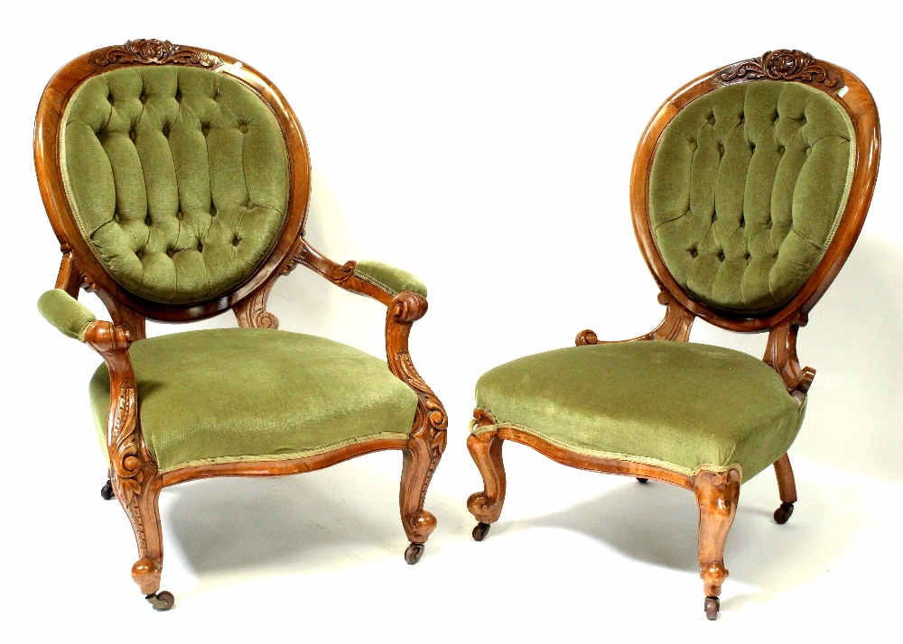 A Victorian walnut three-piece suite comprising three-seater settee, - Image 3 of 3