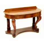 A 19th century mahogany bow-front console table with plinth back and small drawer,
