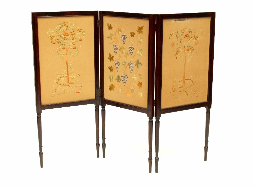 An Edwardian rosewood three-fold screen inlaid with needlework panels depicting flora and fauna, - Image 3 of 4