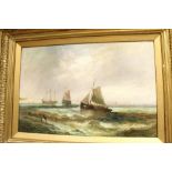 A late 19th century oil on canvas, fishing boats in rough seas off the white cliffs of Dover,