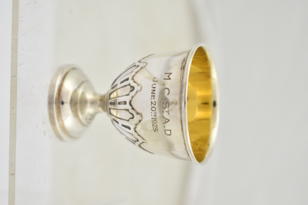 A George V hallmarked silver egg cup inscribed 'M.C. St. A.D June 20th 1925', maker's mark rubbed, - Image 3 of 12