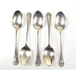 Five various George V hallmarked silver teaspoons with bead decorations, 2x Birmingham 1927, 3x