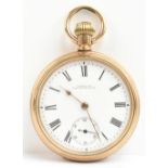 WALTHAM; a gold plated crown wind open face pocket watch, the white enamel dial set with Roman