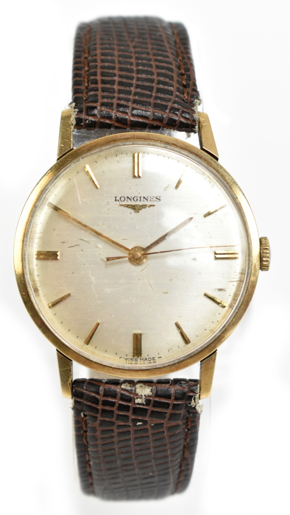 LONGINES; a gentleman's vintage 9ct yellow gold wristwatch with circular dial and replaced strap,