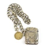 A silver Albert watch chain with Queen Victoria 1/4 rupee 1862 coin, vesta case and T-bar, length