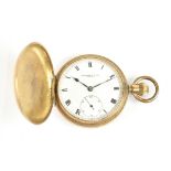 THOMAS RUSSELL & SON OF LIVERPOOL; a gold plated full hunter pocket watch, the enamelled dial set