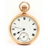 A 9ct yellow gold open face crown wind pocket watch, the white enamel dial set with Roman numerals