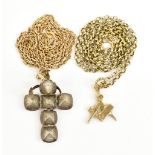 Two Masonic pendants comprising 9ct yellow gold and silver puzzle ball on 9ct yellow gold chain, a
