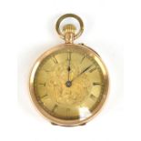 A 14ct yellow gold lady's crown wind fob watch, with Roman numerals to the chapter ring and engraved