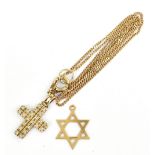 A 9ct yellow gold fine link chain supporting a 9ct gold cross pendant, length of chain 56cm and a