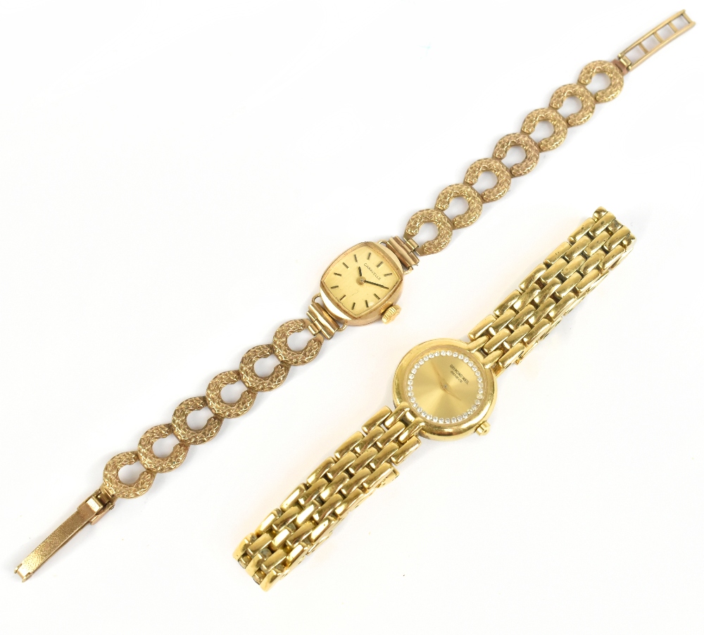 CARAVELLE; a lady's vintage 9ct yellow gold wristwatch with horse shoe shaped pierced bracelet,