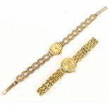 CARAVELLE; a lady's vintage 9ct yellow gold wristwatch with horse shoe shaped pierced bracelet,