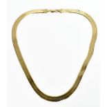 A yellow metal flat link necklace, stamped 'Italy, 375', length 40cm, approx 21.7g.