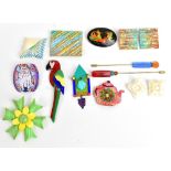 An interesting group of contemporary costume jewellery including a glass parrot brooch, abstract