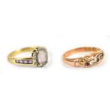 Two 9ct yellow gold dress rings, the first set with light purple coloured oval cut stone and further
